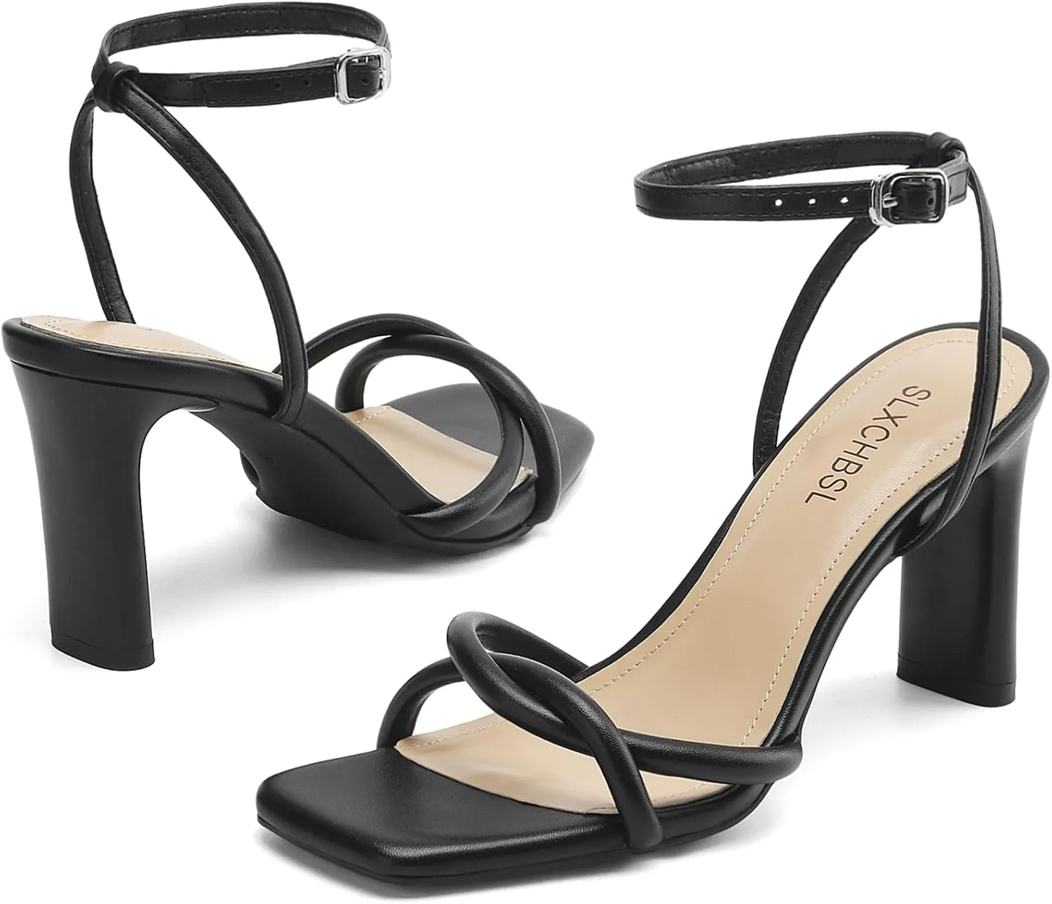 Womens Sandals Square Open Toe Strappy Heels for Women Dressy Chunky High Heels Ankle Buckle Heeled Sandals for Women Comfort Wedding Prom Party Shoes