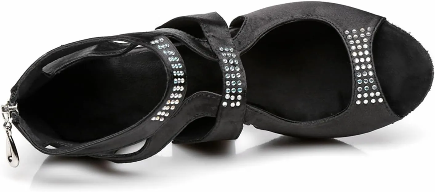 Women's Stylish Peep Toe Cut-outs design Ankle Dance Boots Satin Latin Ballrooom Practice Party Professional Dance Shoes