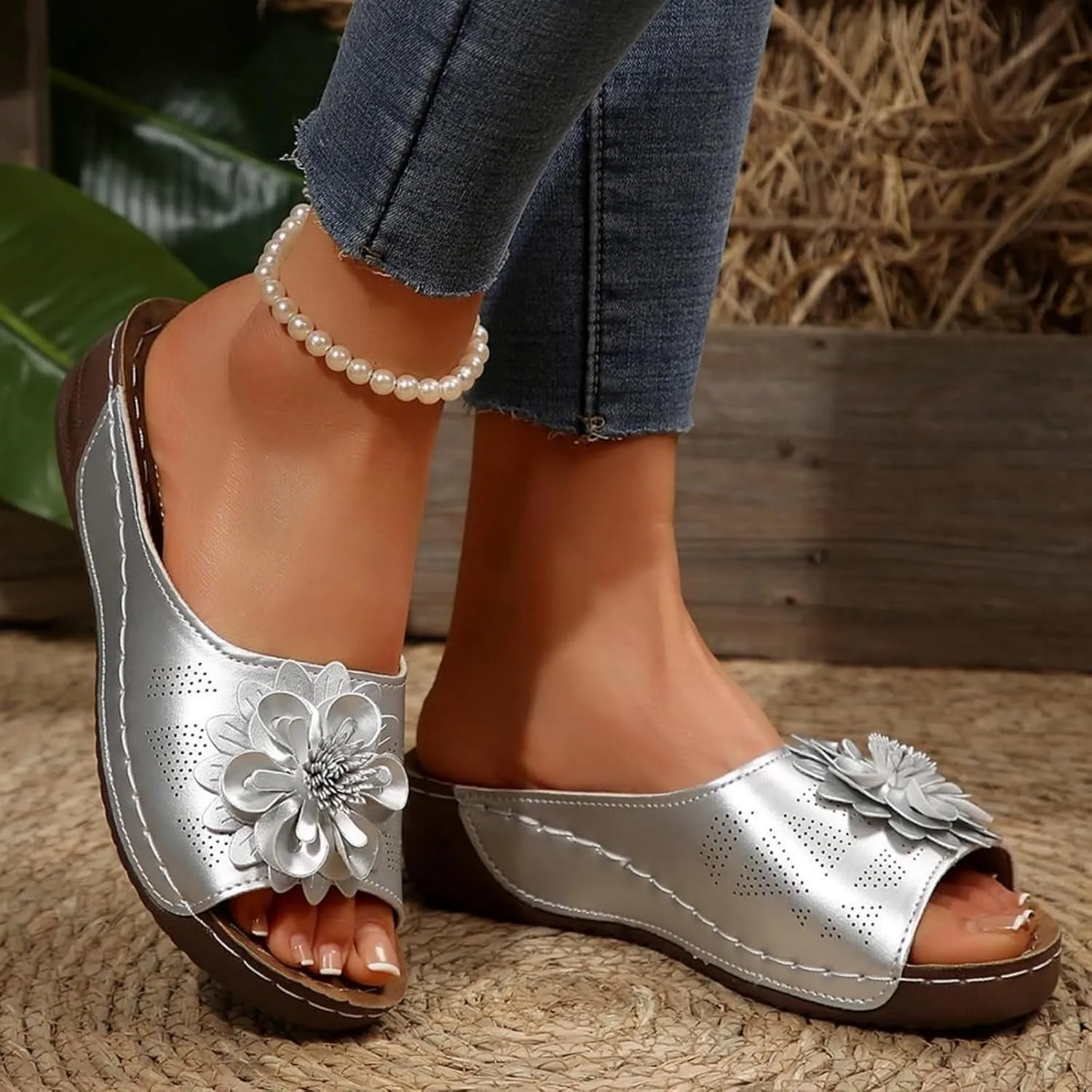 Womens Summer Beach Sandals Chic Flowers Orthopedic Sandals Arch Support Fish Mouth Open Toe Leather Slippers Wedge Platform Sandal Low Wedge Open Toe Shoes Beach Outdoor Slides Slippers Shoes