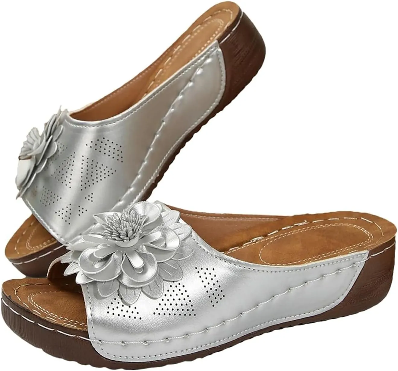 Womens Summer Beach Sandals Chic Flowers Orthopedic Sandals Arch Support Fish Mouth Open Toe Leather Slippers Wedge Platform Sandal Low Wedge Open Toe Shoes Beach Outdoor Slides Slippers Shoes