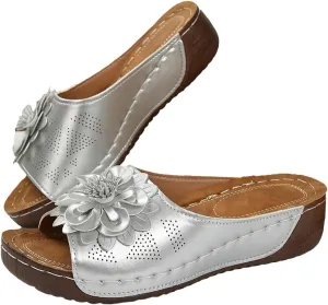 Womens Summer Beach Sandals Chic Flowers Orthopedic Sandals Arch Support Fish Mouth Open Toe Leather Slippers Wedge Platform Sandal Low Wedge Open Toe Shoes Beach Outdoor Slides Slippers Shoes