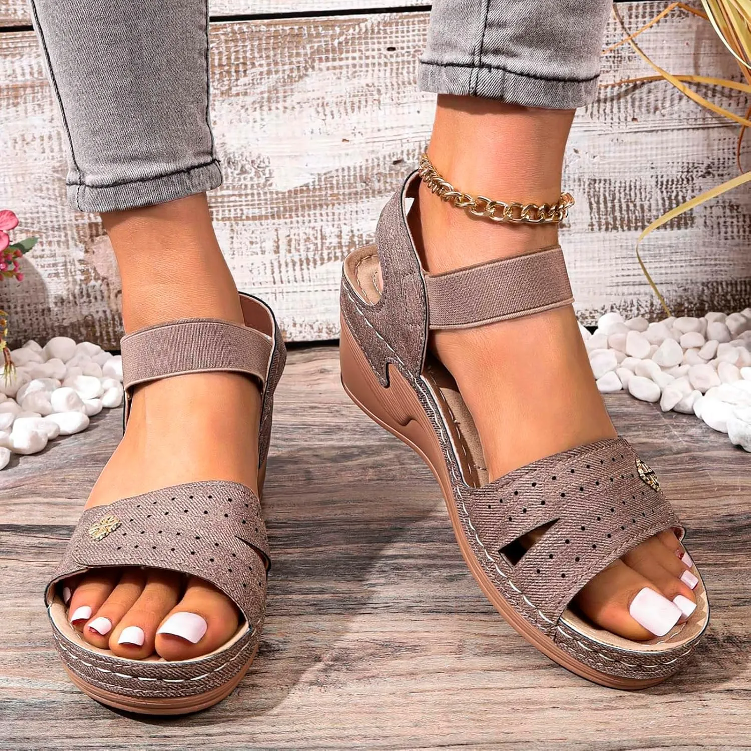 Women's Summer Wedge Heel Sandals, Fashionable Solid-Colored Leather Open-Toe Sandals, Casual, Comfortable And Lightweight Walking Shoes