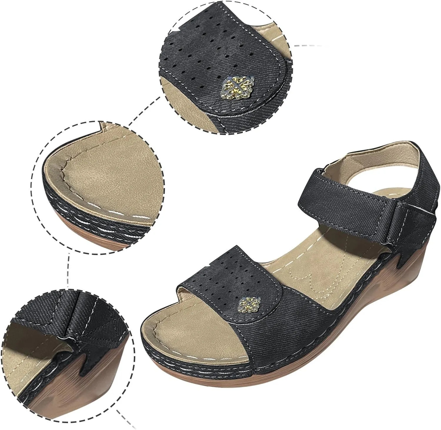 Women's Summer Wedge Heel Sandals, Fashionable Solid-Colored Leather Open-Toe Sandals, Casual, Comfortable And Lightweight Walking Shoes