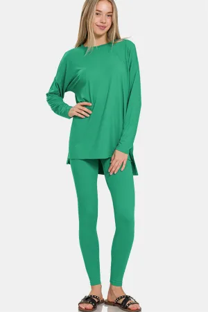 Zenana Brushed Microfiber Long Sleeve Top and Leggings Lounge Set Kelly Green