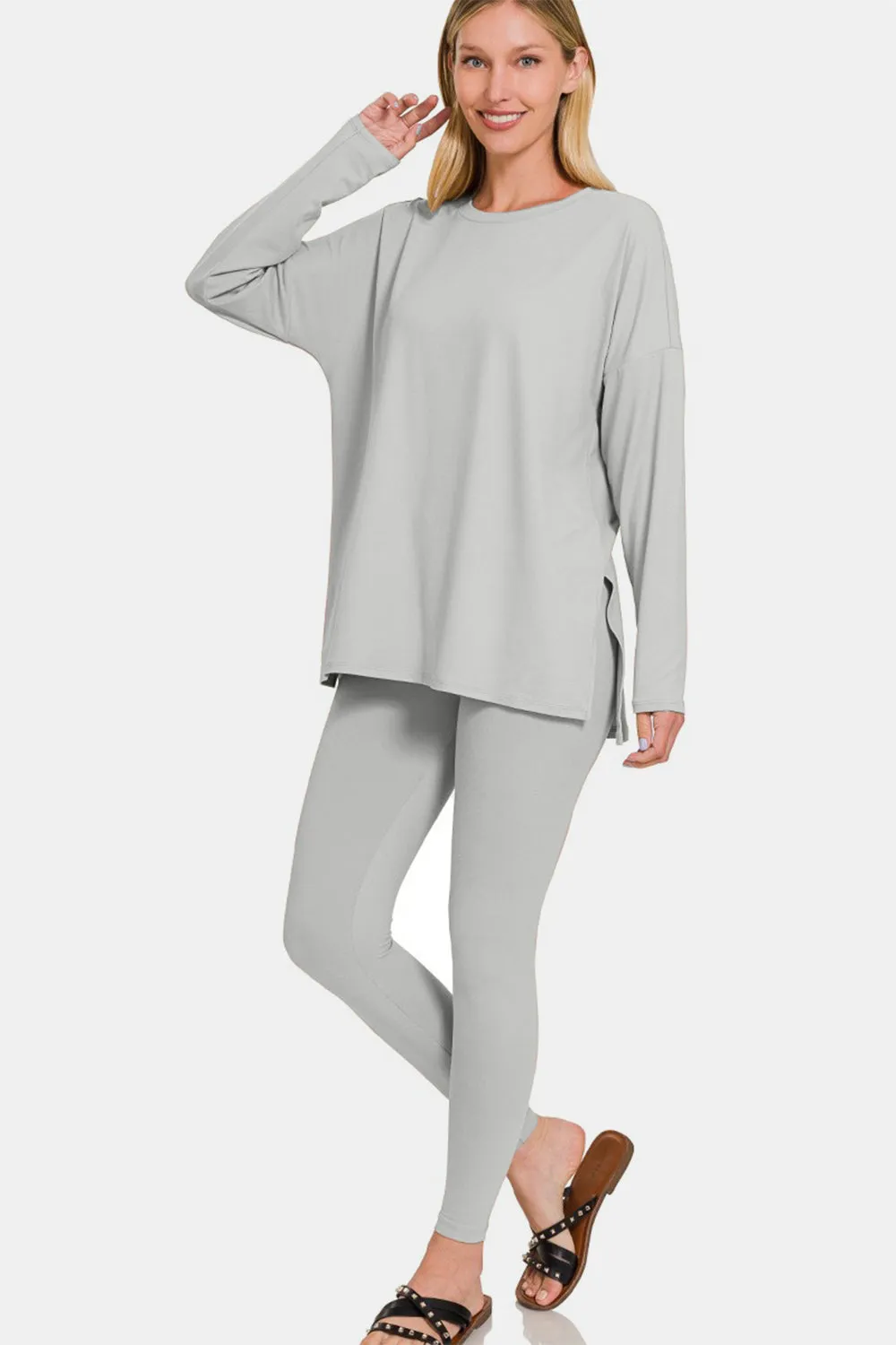 Zenana Full Size Brushed Microfiber Top and Leggings Lounge Set - Lt Grey