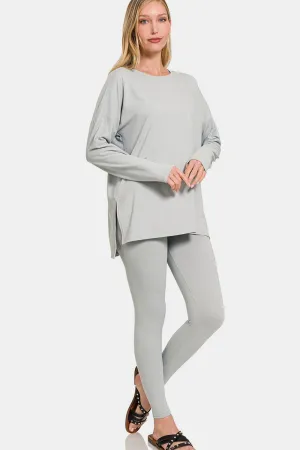 Zenana Full Size Brushed Microfiber Top and Leggings Lounge Set - Lt Grey